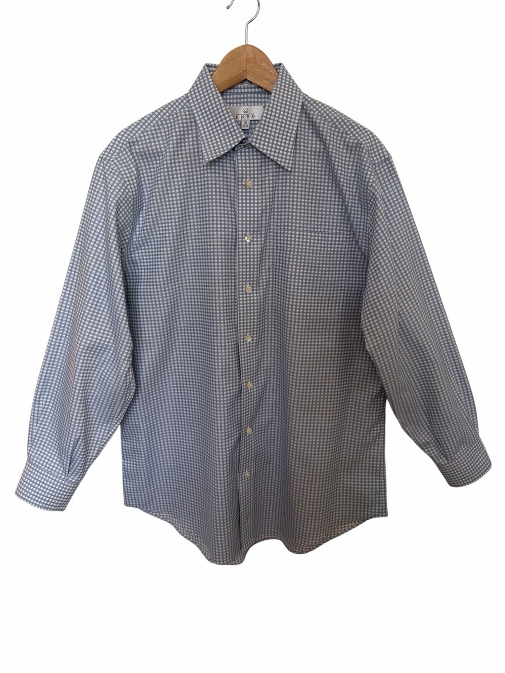 ENRO Shirt Mens Size 16 32/33 Blue Gingham Check Dress No Iron Button Long Slv